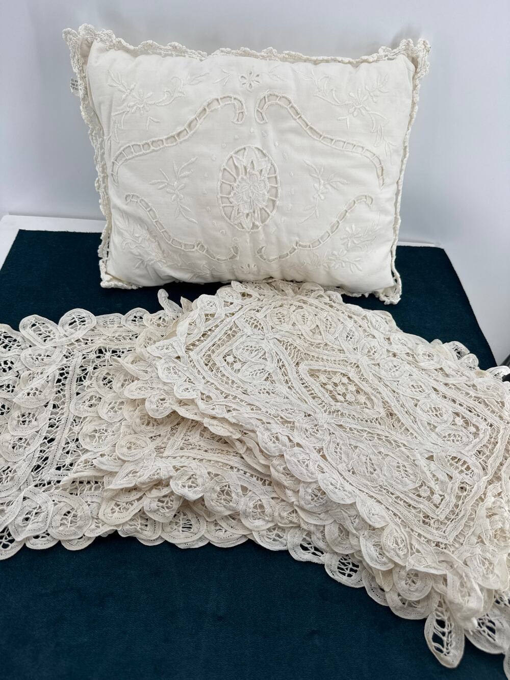 Battenburg Lace Placemats Set Of 10 Tea Stained Cottage Victorian Pillow Vintage